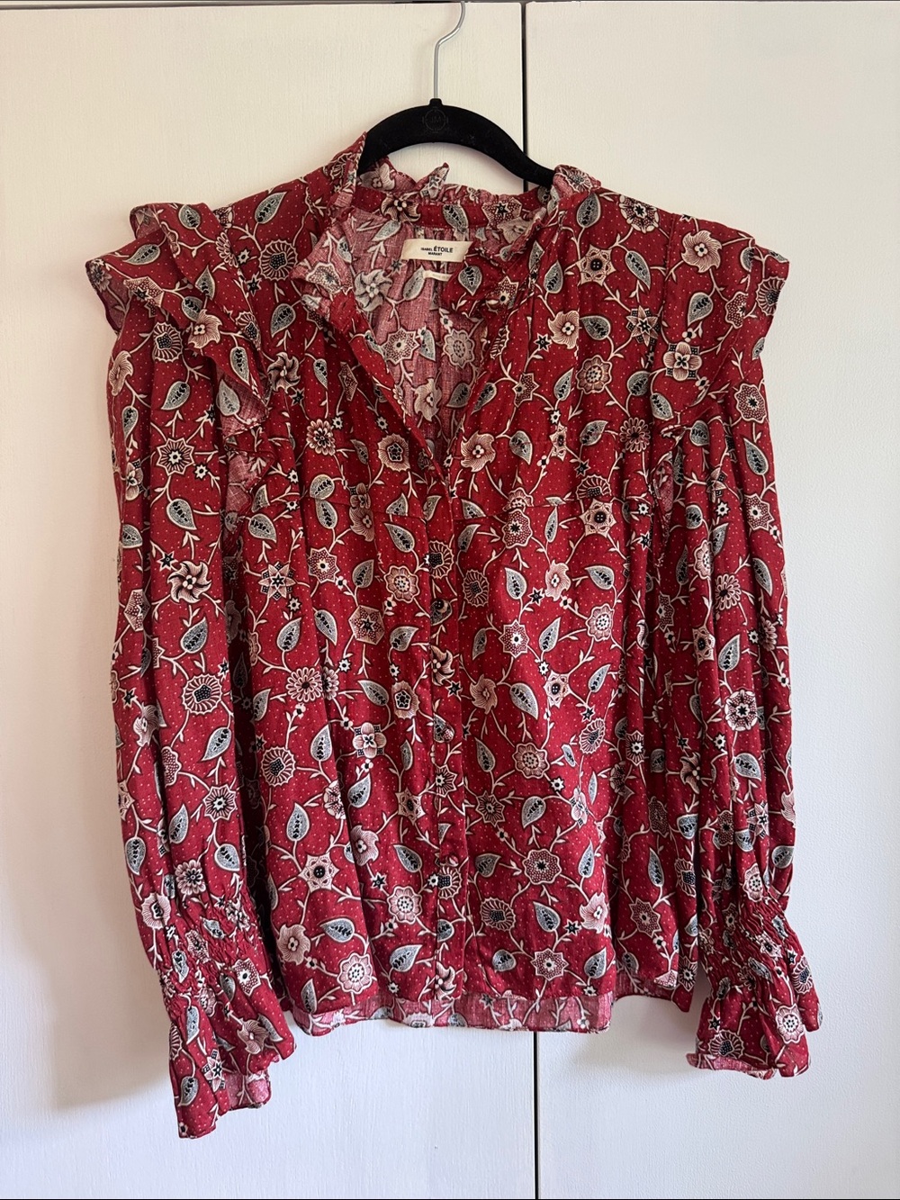 Isabel Marant Étoile Women's Red Floral Long-Sleeve Blouse with Ruffle Detail